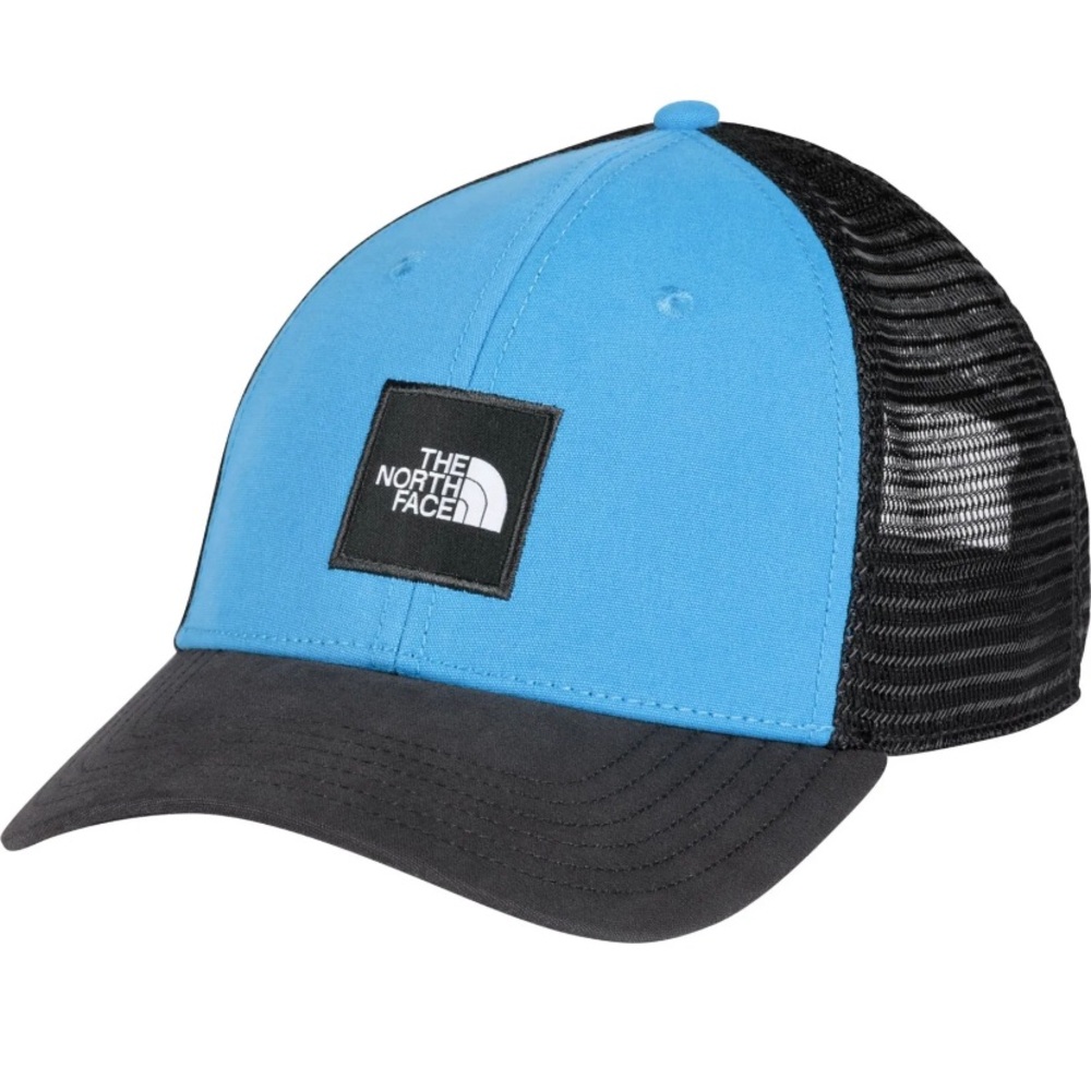 NWT North Face Box Logo Trucker Hat Mesh Snapback Clear Lake Blue Adjustable NWT
